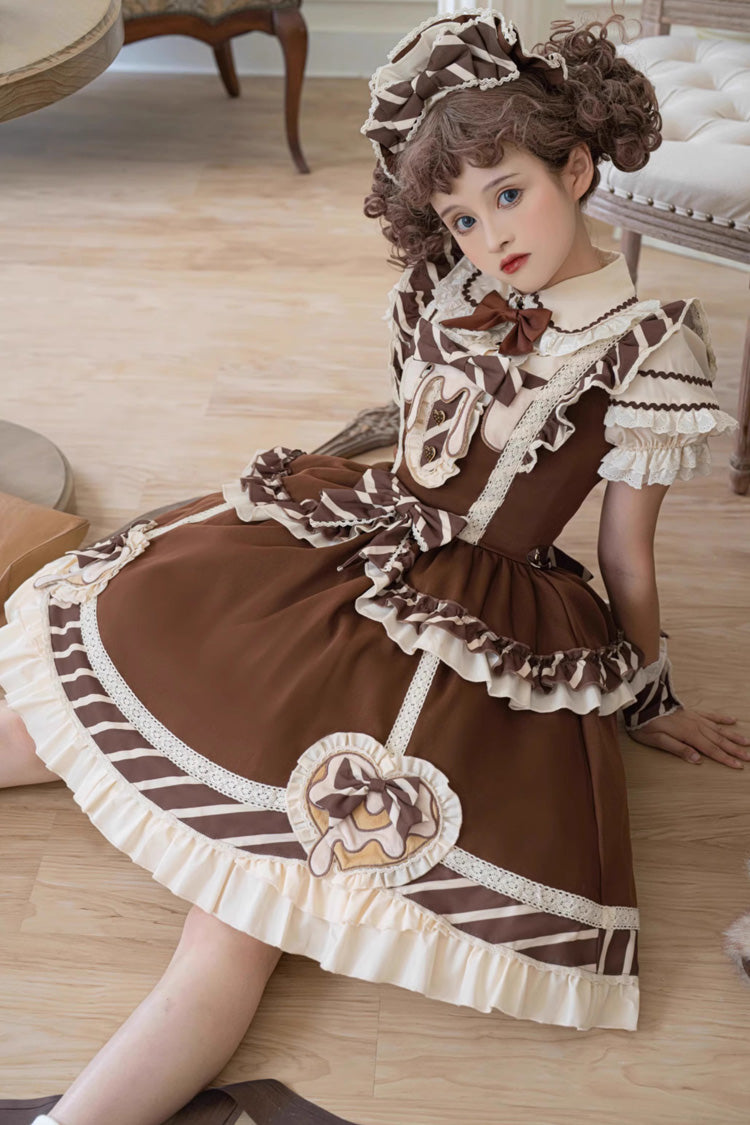 Brown Short Sleeves Print Ruffle Bowknot Sweet Princess Lolita Jsk Dress Set - Product - 10