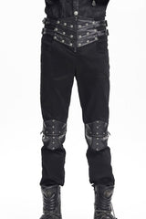 Black Stitching Buckle-up Studs Men's Gothic Pants - Black - 1
