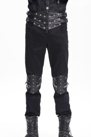 Black Stitching Buckle-up Studs Men's Gothic Pants - Black - 1