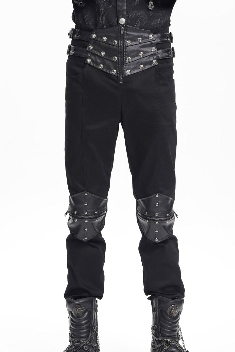 Black Stitching Buckle-up Studs Men's Gothic Pants - Black - 1