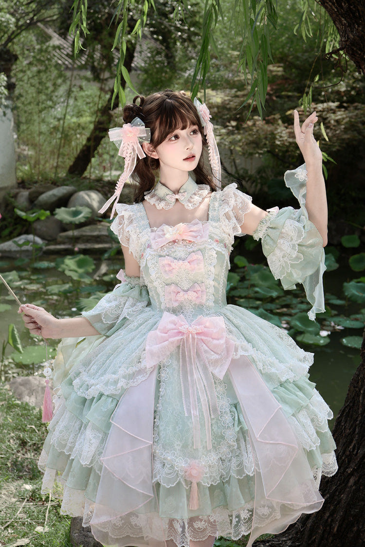 グリーン [Spring Waters Reflecting Pear Blossoms] フリル 刺繍 Open-フロント リボン レース スウィートロリータ ジャンパースカート（JSK） 商品画像