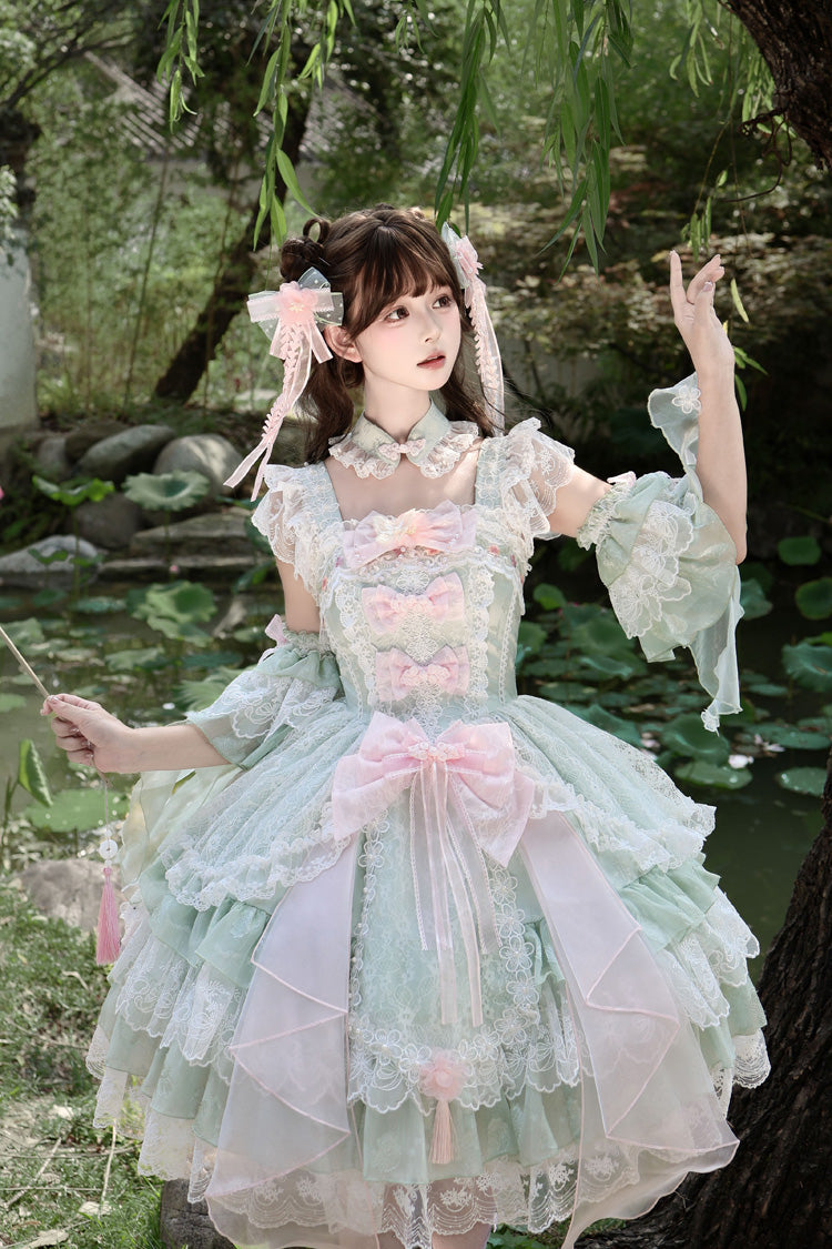 Green [Spring Waters Reflecting Pear Blossoms] Ruffled Embroidered Open-Front Bow Lace Sweet Lolita Jsk Dress - Product - 10