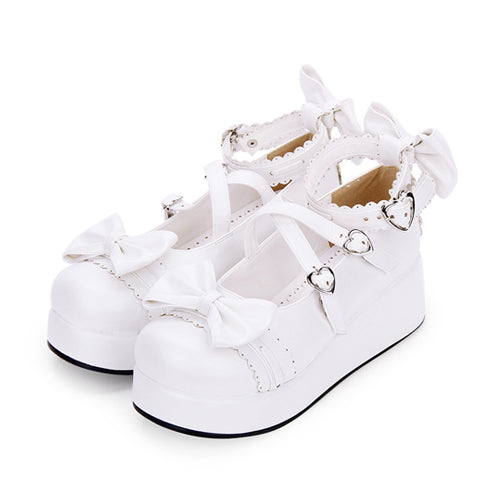 Cute Round Toe Shallow Mouth Bowknot Middle Heels Lolita Shoes - White - 3
