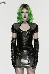 Black Stand Collar Short Sleeves Spliced Lace-Up Slim Mesh Buckled Women's Punk Handsome Dress - Product - 2