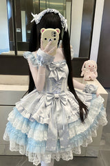 Blue [Misty Mountain Veil] Sleeveless Multi-Layered Ruffled Bow Lace Sweet Princess Ballet Lolita Jsk Dress - Blue - 1