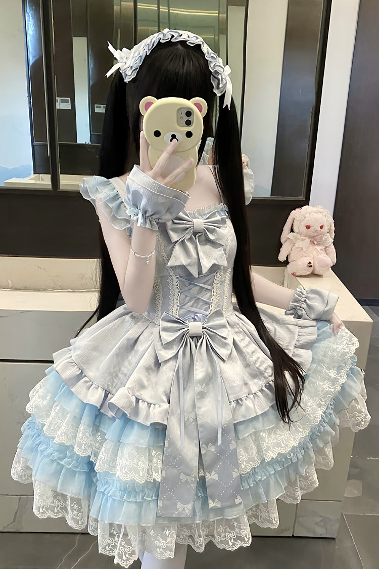 Blue [Misty Mountain Veil] Sleeveless Multi-Layered Ruffled Bow Lace Sweet Princess Ballet Lolita Jsk Dress - Blue - 1
