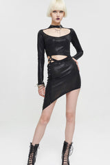 Black Knitted Fine Grain Shine Waist Cutout Rivet Decoration Asymmetric Long Sleeve Women's Gothic Dress - Product - 4