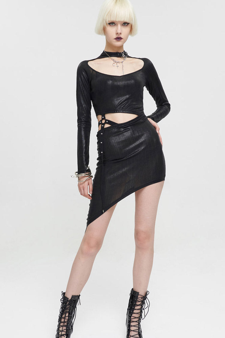 Black Knitted Fine Grain Shine Waist Cutout Rivet Decoration Asymmetric Long Sleeve Women's Gothic Dress - Product - 4