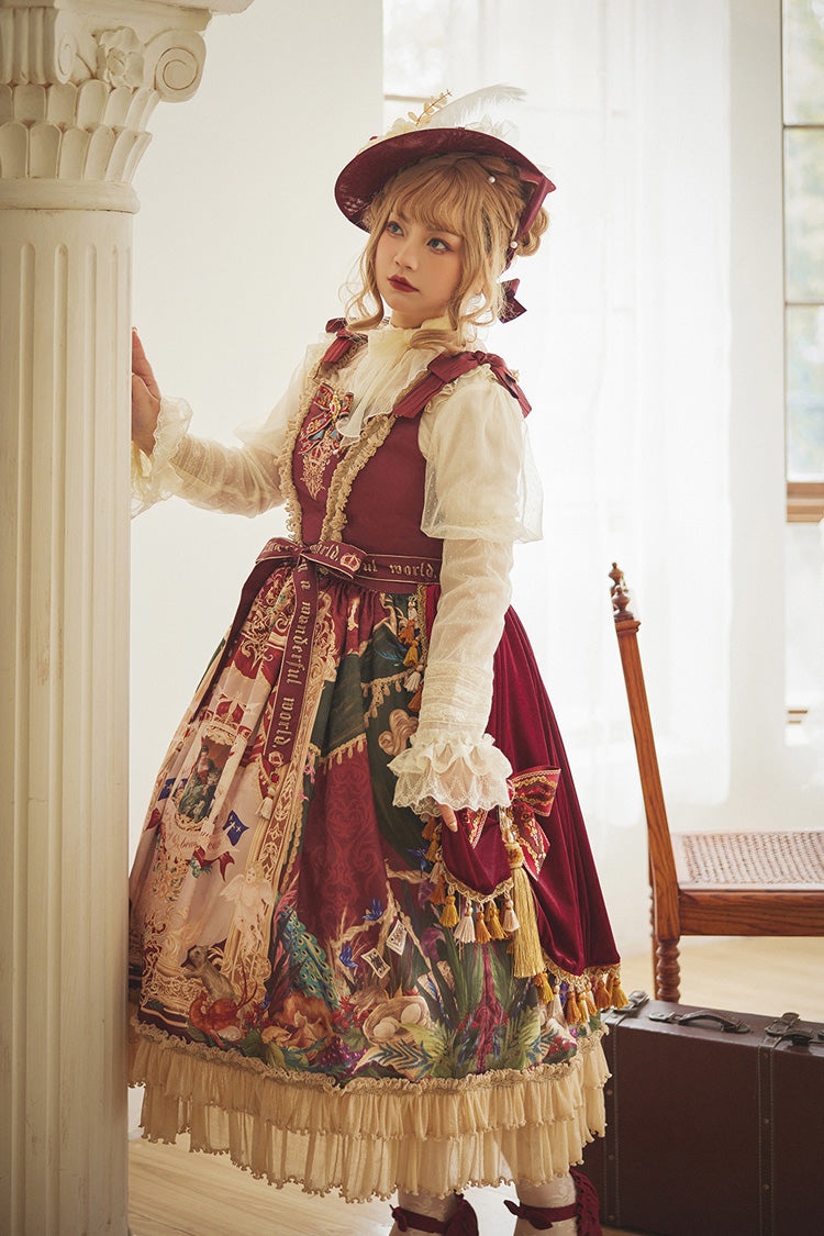 Red [Kaleidoscope of Dreams] Sleeveless Double-Layered Print Embroidery Bowknot Classic Vintage Gorgeous Lolita Jsk Dress - Product - 14