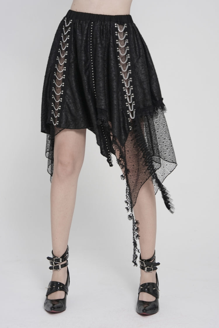 Black Lace Irregular Chain-Decorated Women's Punk Streamer Skirt - Product - 9