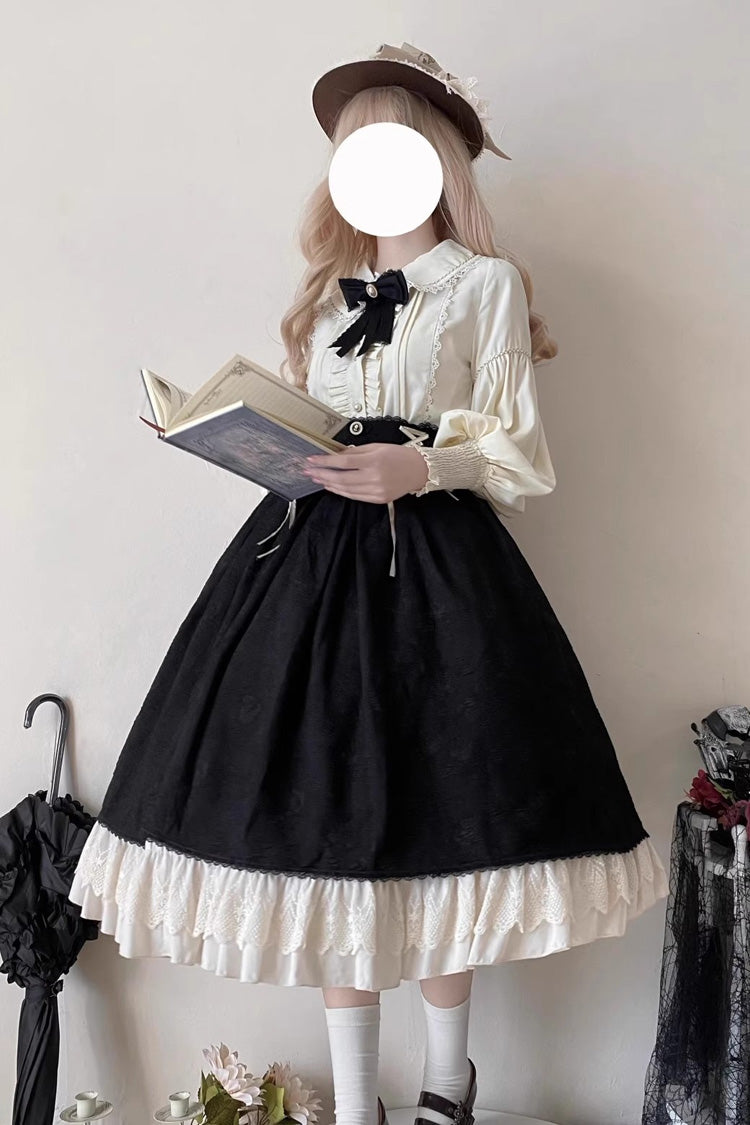 Black [Heart of Rose] High Waisted Ruffle Embroidery Lace-Up Sweet Vintage Elegant Palace Lolita Skirt - Product - 9