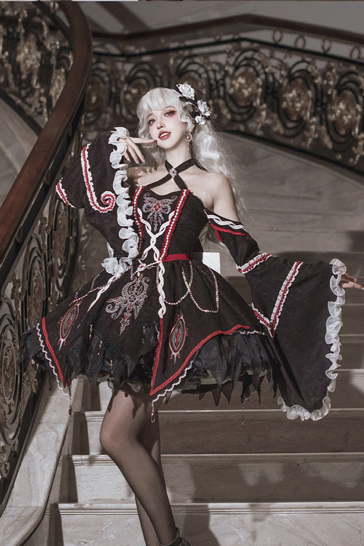 Black [Phantom Devourer] Off Shoulder Long Hime Sleeves Print Embroidery Gothic Lolita Dress - Black - 1