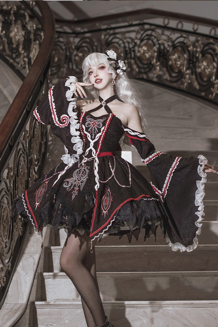 Black [Phantom Devourer] Off Shoulder Long Hime Sleeves Print Embroidery Gothic Lolita Dress - Black - 1