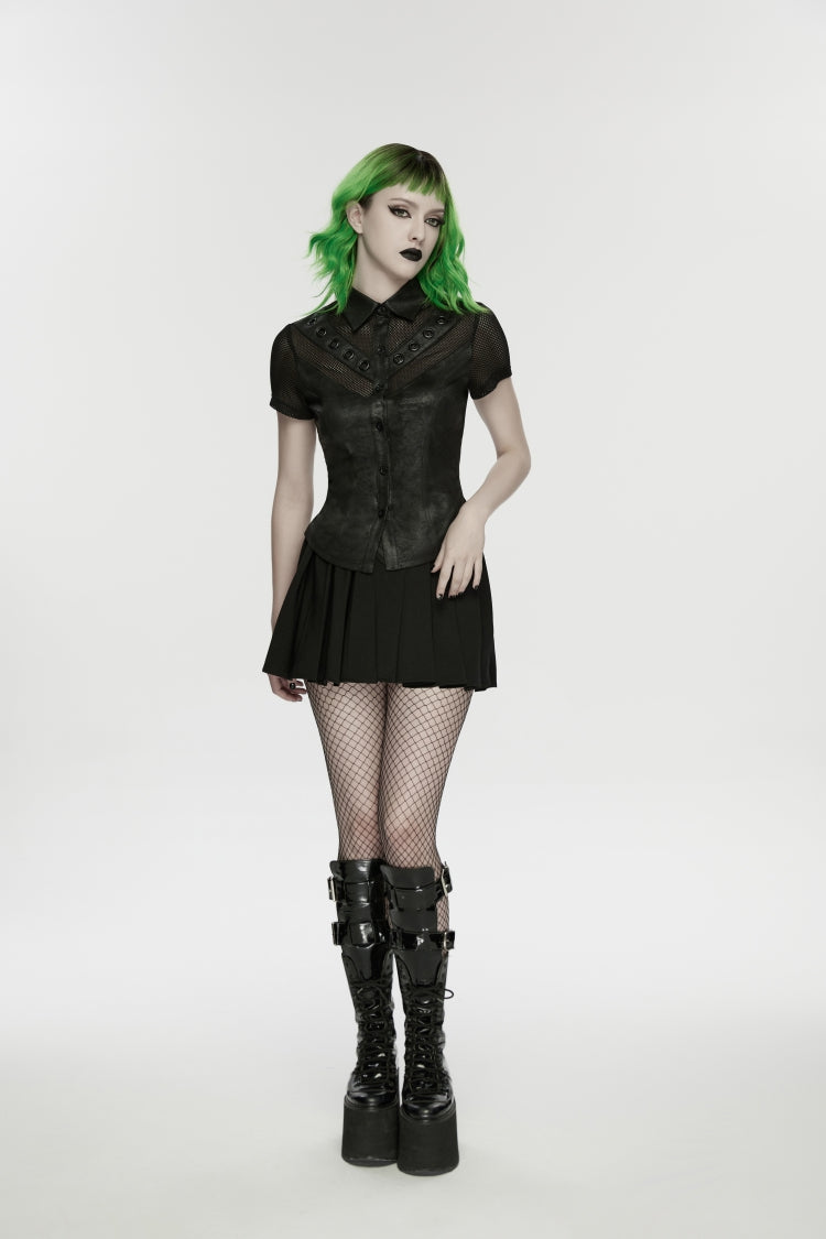 Black Lapel Collar Short Sleeves Lace-Up Mesh Eyelet Women's Punk Blouse - Product - 10