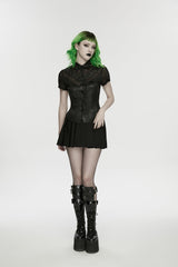 Black Lapel Collar Short Sleeves Lace-Up Mesh Eyelet Women's Punk Blouse - Product - 10