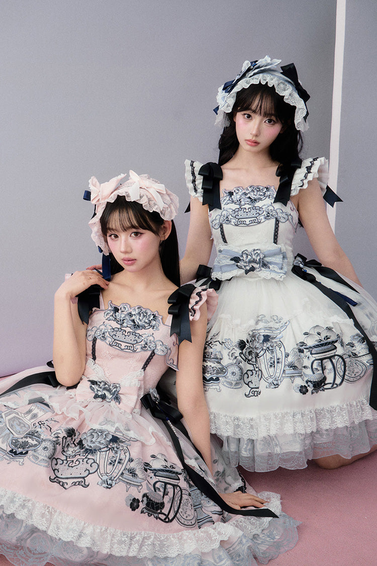 Pink [Celadon Jade Cup] Square Collar Flutter Sleeves Printed Ruffled Embroidered Bow Lace Classic Chinese Inspired Lolita Jsk Dress - Product - 2