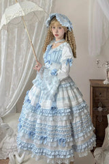 White/Blue [Layered Sea Salt Ice] Short Sleeves Ruffle Bowknot Lace Sweet Lolita Dress - Product - 3