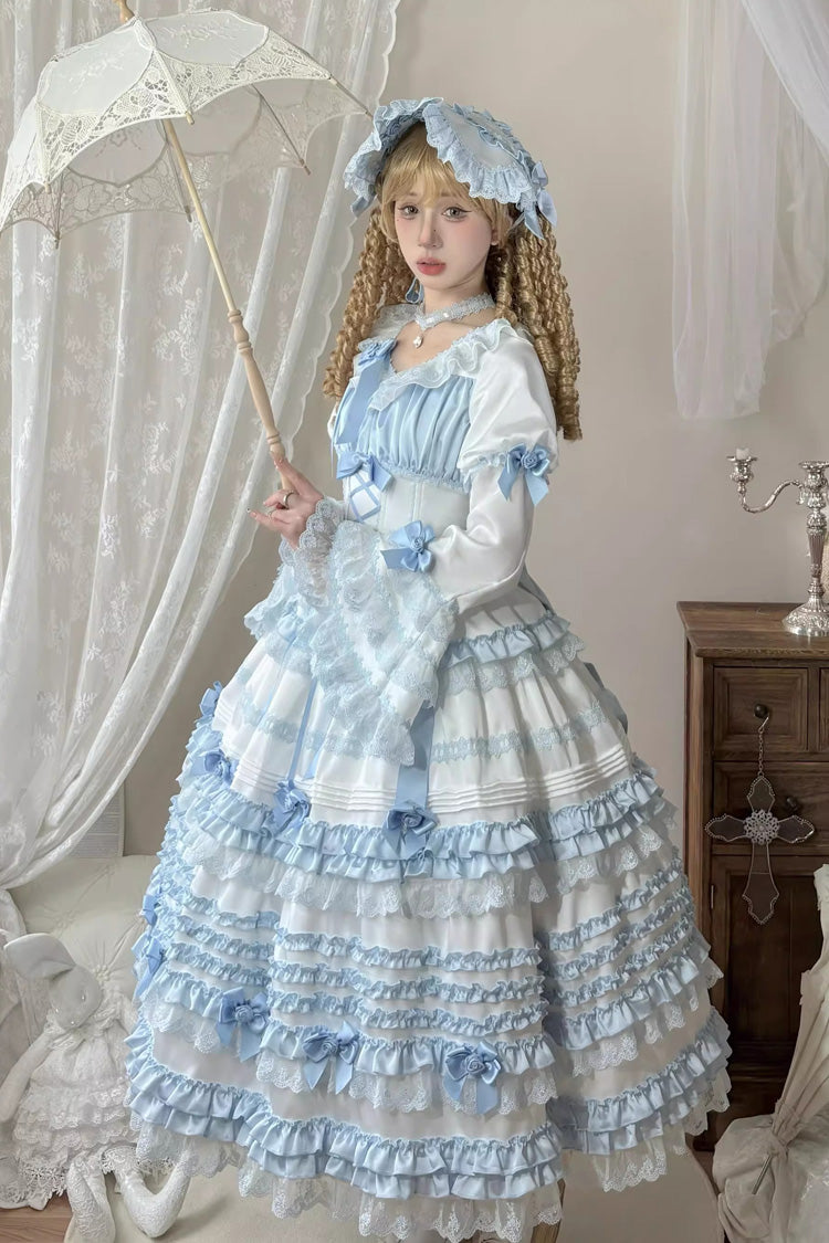 White/Blue [Layered Sea Salt Ice] Short Sleeves Ruffle Bowknot Lace Sweet Lolita Dress - Product - 3