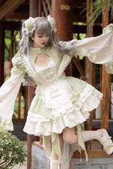 Green Long Trumpet Sleeves Ruffle Bowknot Lace Sweet Chinese Style Lolita Jsk Dress Set - Product - 3