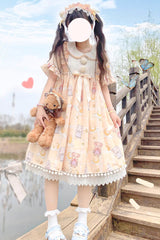 Yellow Doll Collar Short Sleeves Bunny Bear Moon Print Bowknot Stitching Sweet Lolita Dress - Yellow - 1