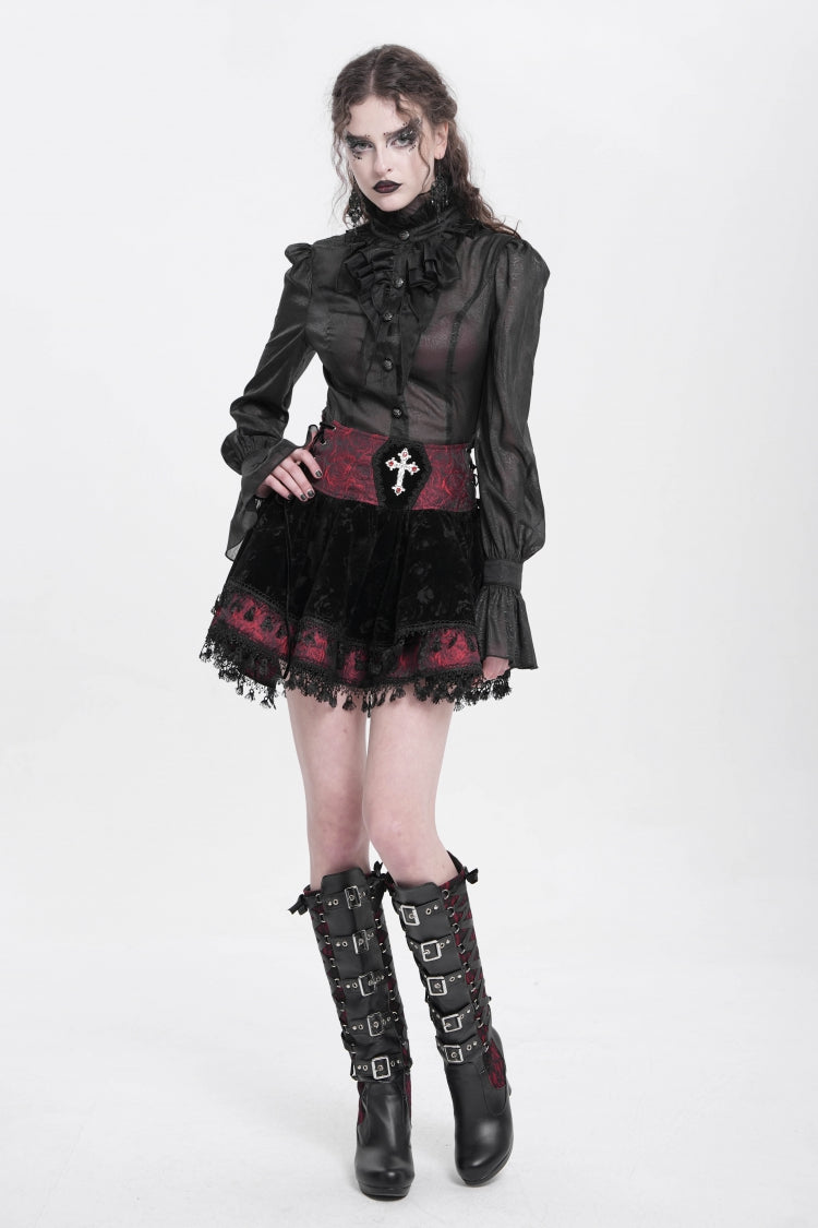 Black/Red Cross Tassel Print Women's Gothic Skirt - Product - 8