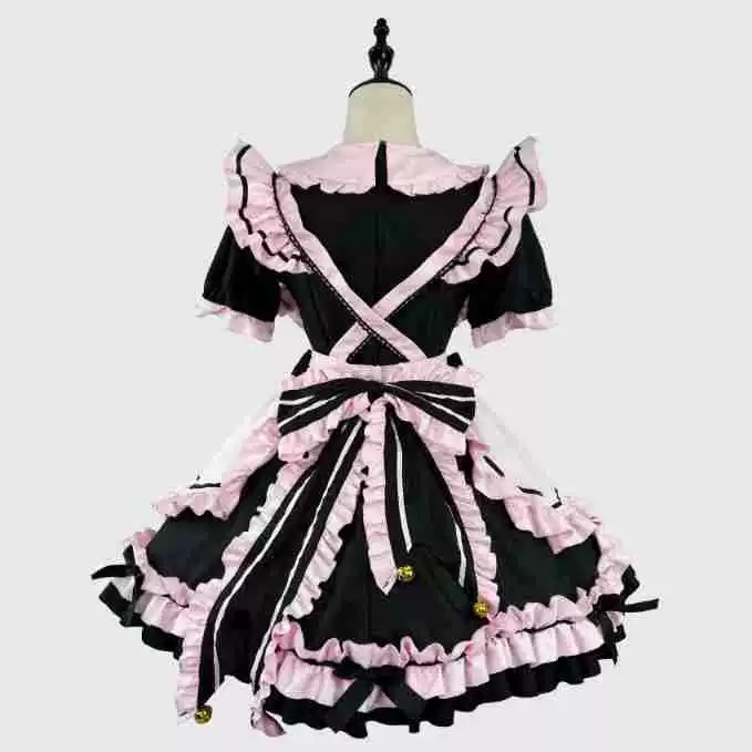Black and Pink Ruffled Maid Style Dress with Headpiece Accent - view 3