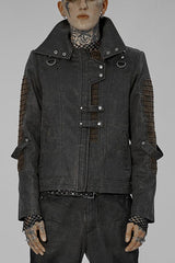 Grey Punk Post Apocalyptic Stitching Asymmetric High Neck Metal Embellished Short Loose Men's Coat - Grey - 1