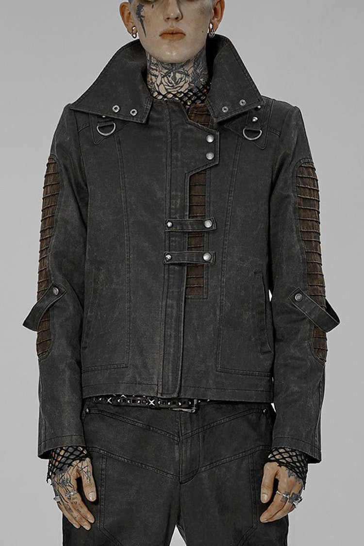 Grey Punk Post Apocalyptic Stitching Asymmetric High Neck Metal Embellished Short Loose Men's Coat - Grey - 1