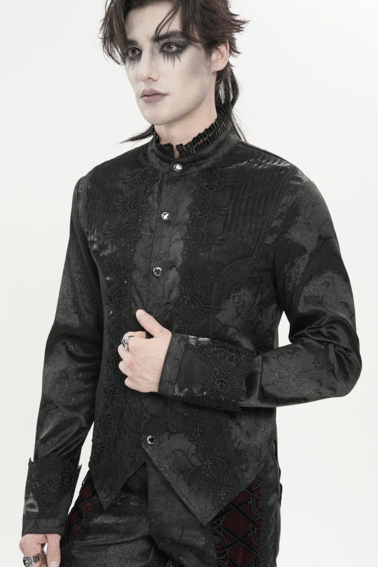 Black Stand Collar Long Sleeves Jacquard Embroidered Bow Lace Men's Gothic Palace Shirt - Product - 2