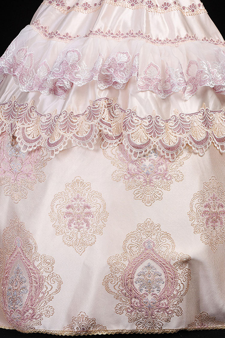 Pink Boat Neck High Waisted Hollow Embroidery Floral Print Multi-Layer Victorian Lolita Prom Dress - Product - 5