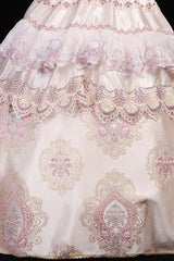 Pink Boat Neck High Waisted Hollow Embroidery Floral Print Multi-Layer Victorian Lolita Prom Dress - Product - 5