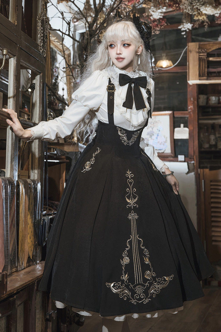 Black/White [Violin Variations] Ruffled Embroidered Gothic Lolita Jumper Dress Set - Product - 11