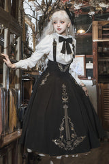 Black/White [Violin Variations] Ruffled Embroidered Gothic Lolita Jumper Dress Set - Product - 11