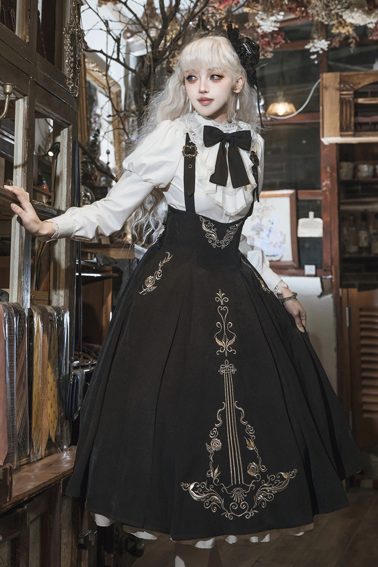 Black/White [Violin Variations] Ruffled Embroidered Gothic Lolita Jumper Dress Set - Product - 11