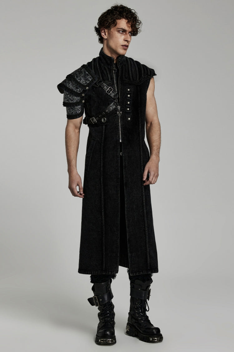 Black Stand Collar High Waisted Slim Men's Gothic Long Vest - Product - 2