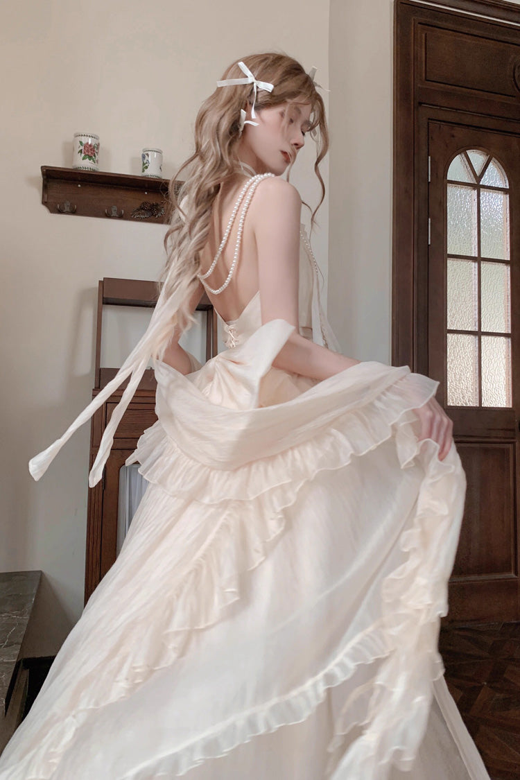 Apricot Halterneck Sleeveless Ruffle Bowknot Lace Sweet Princess Lolita Jsk Long Dress Set - Product - 8