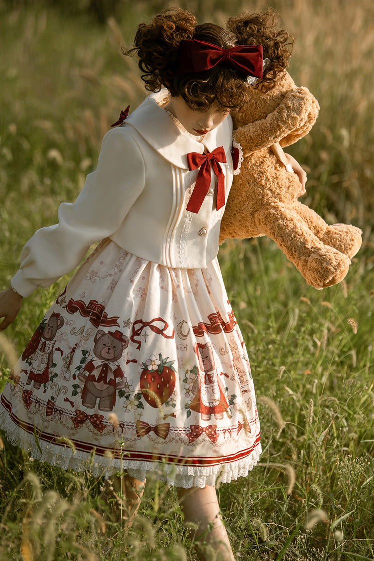 Ivory/Red Strawberry Bear Print Ruffle Bowknot Sweet Princess Lolita Jsk Dress - Product - 4