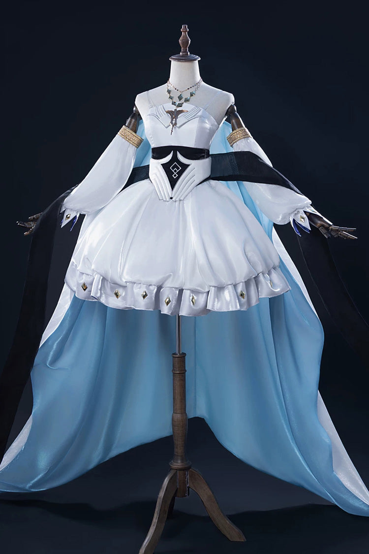 White/Blue [Arknights Inspired Sacred Snow Melody] Long Sleeves Ruffled Classic Lolita Strapless Dress Set - Product - 2