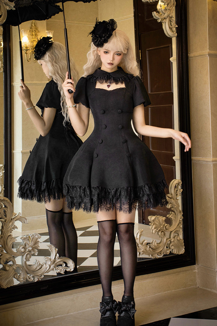 Black [Midnight Whisper] Double-breasted Short Sleeves Hollow Gothic Lolita Dress - Product - 8