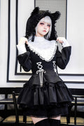 Black Long Sleeves Ruffle Lace-Up Sweet Handsome (Dress Only) front view