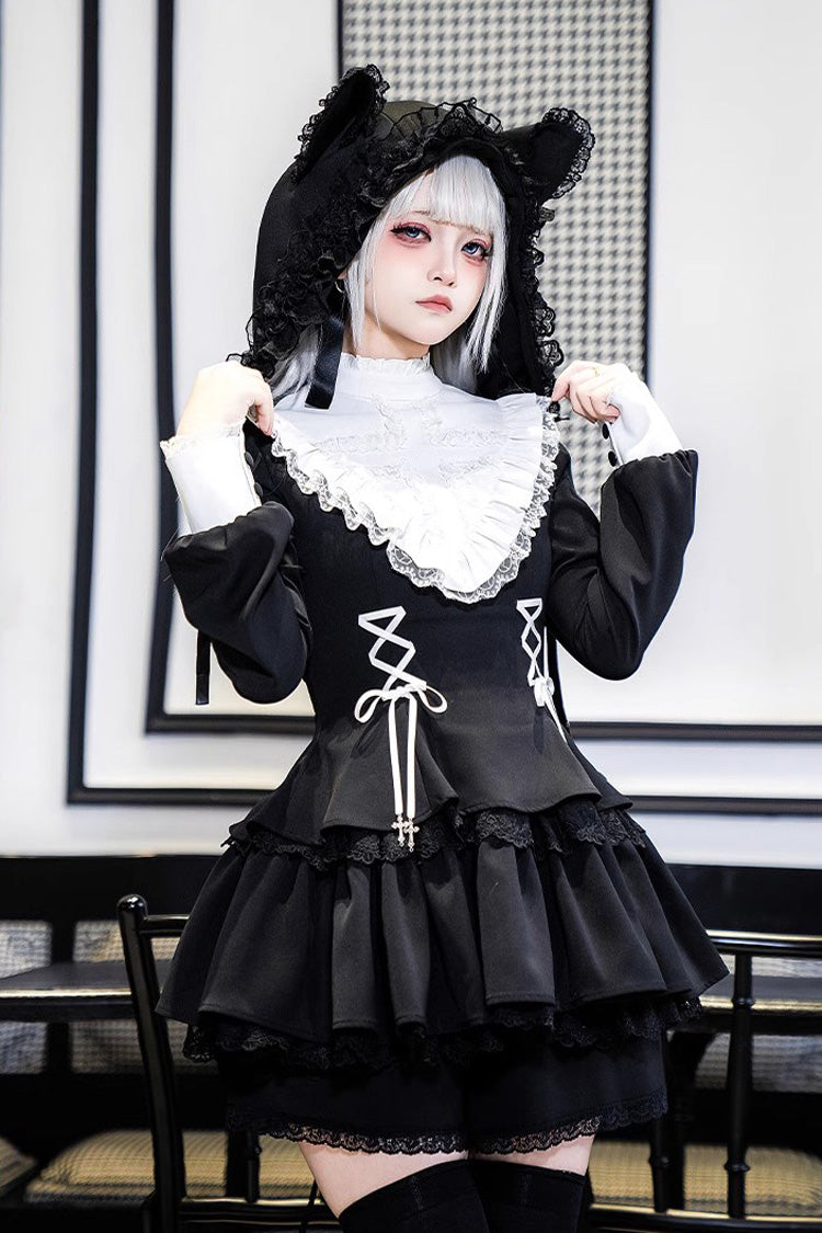 Black Long Sleeves Ruffle Lace-Up Sweet Handsome Lolita Dress - Black - 1