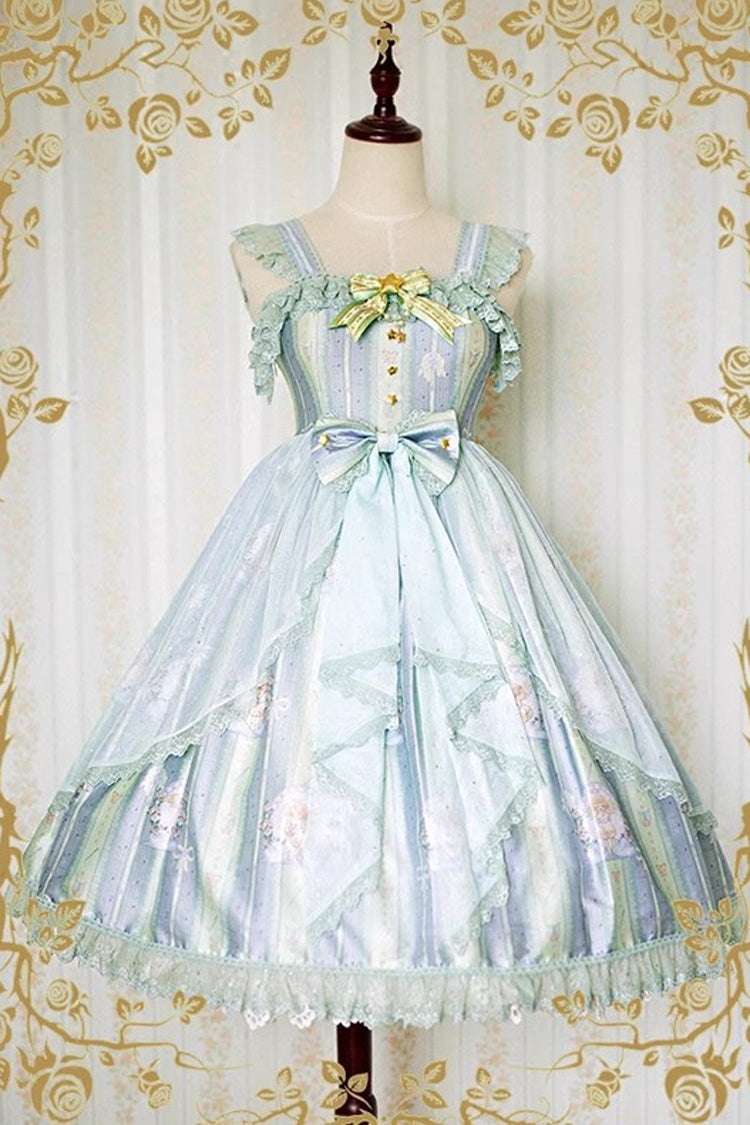 [Angel's Hymn] Print Ruffle Bowknot Sweet Lolita Jsk Dress 2 Colors - Green - 1