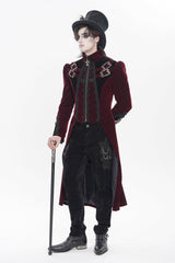 Red Stand Collar Long Sleeves Embroidered Color-Blocked Buckled Zippered Men's Gothic Palace Jacket - Product - 11