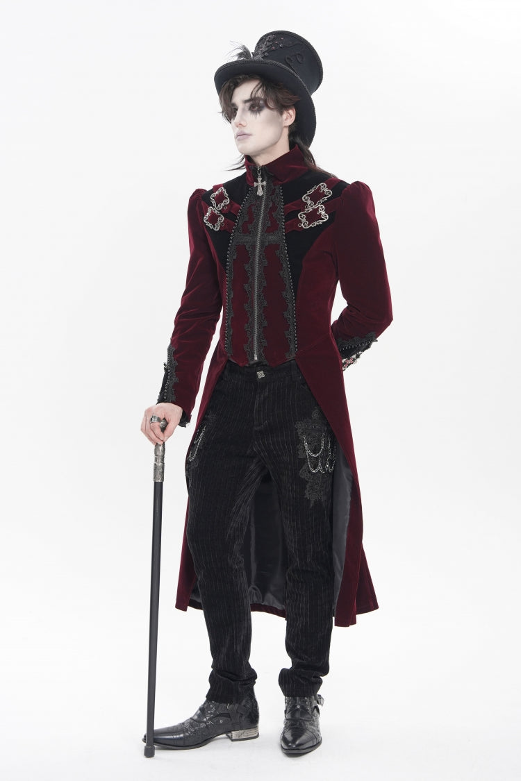 Red Stand Collar Long Sleeves Embroidered Color-Blocked Buckled Zippered Men's Gothic Palace Jacket - Product - 11