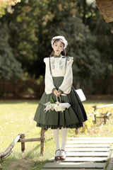 White/Green Country Style Midsummer Sunflower Sweet Lolita Skirt Two-Piece Set - Product - 4