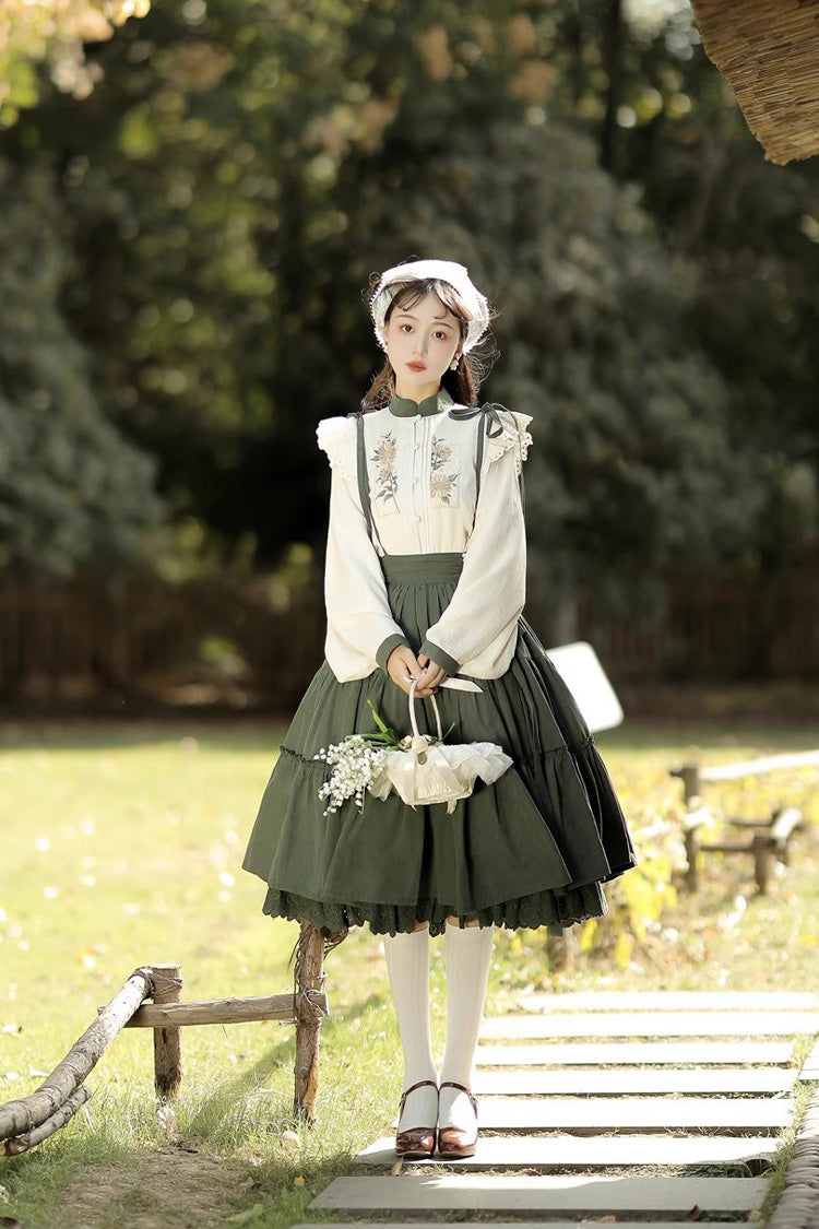 White/Green Country Style Midsummer Sunflower Sweet Lolita Skirt Two-Piece Set - Product - 4