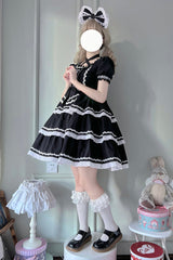 Black Triple-Layered Detachable Sleeves Bowknot Lace-Up Gothic Lolita Dress - Product - 2