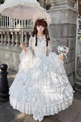 White [Ode of the Curtain] Multi-Layered Ruffled Hanayome Open-Front Bow Lace Lace-Up Sweet Long Lolita Jsk Dress - Product - 2