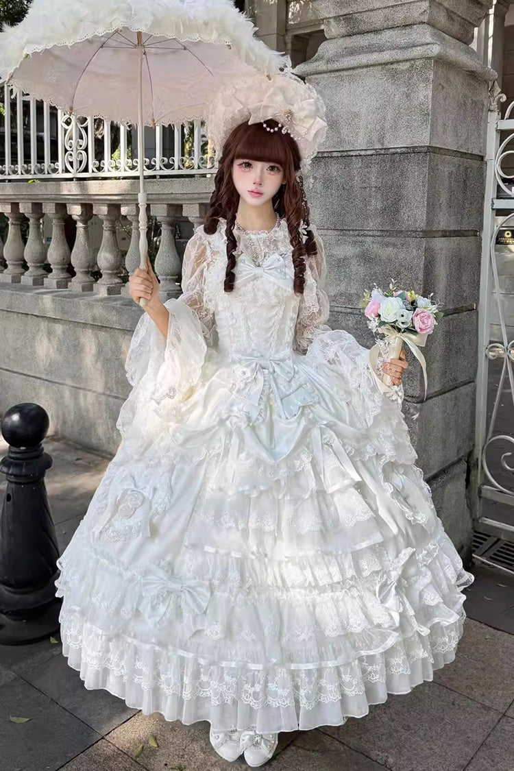 White [Ode of the Curtain] Multi-Layered Ruffled Hanayome Open-Front Bow Lace Lace-Up Sweet Long Lolita Jsk Dress - Product - 2