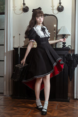 Black/White [Rosalind] Lapel Collar Short Sleeves Bow Lace Gothic Maid Lolita Dress - Product - 7